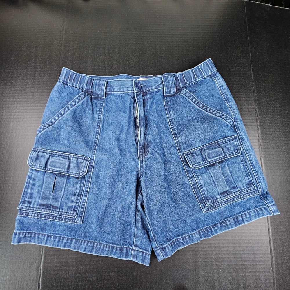Savane Vintage 90s Denim Cargo Shorts Mens Blue Elastic Waist Jorts Y2K Utility
